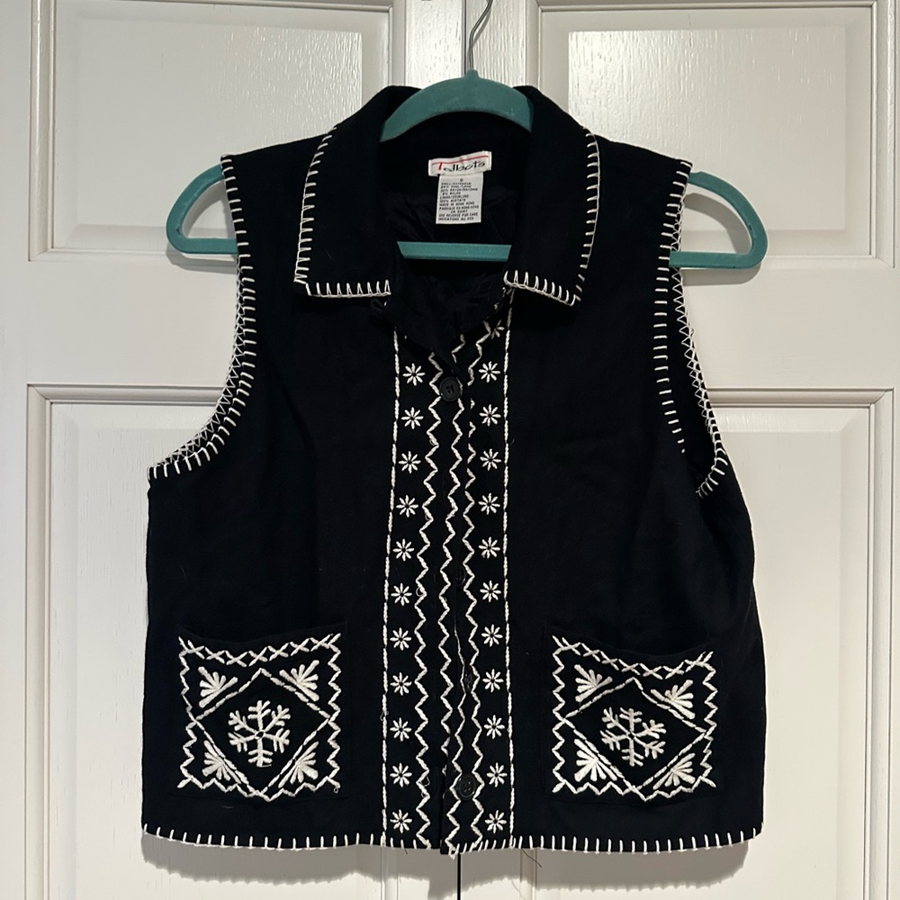 Talbots Black Embroidered Cotton Vest with White Stitching